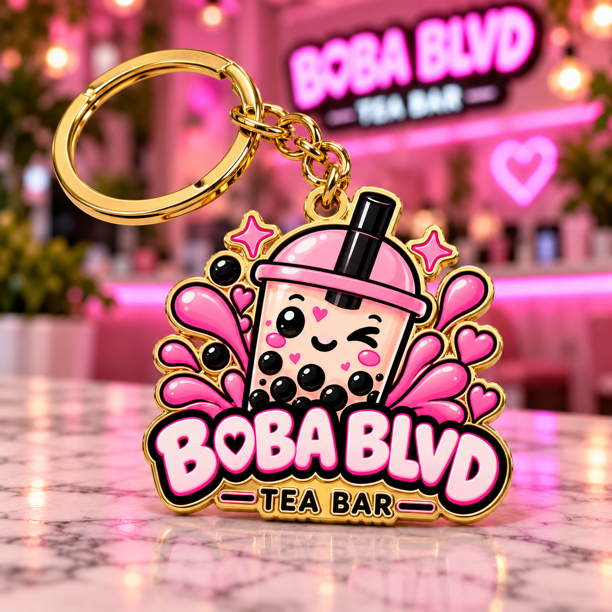 Boba Blvd gold enamel logo keyring