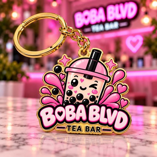 Boba Blvd gold enamel logo keyring