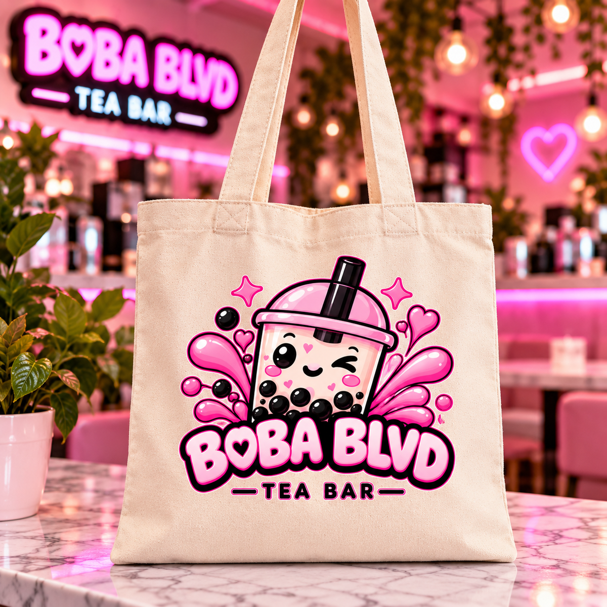 Natural Boba Blvd tote bag with kawaii Tea Bar logo