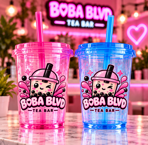 Pink and blue Boba Blvd reusable cups with kawaii Tea Bar logo