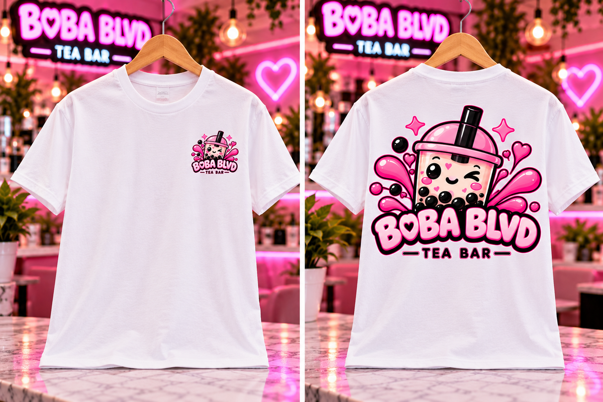 White Boba Blvd T-shirt front and back – small chest logo and large back logo
